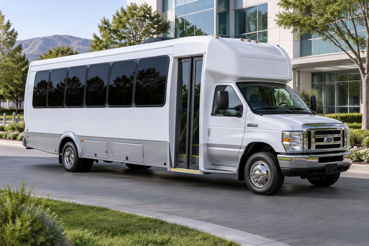 Grech 27-seater shuttle bus parked at a Pleasanton corporate campus for a bus charter