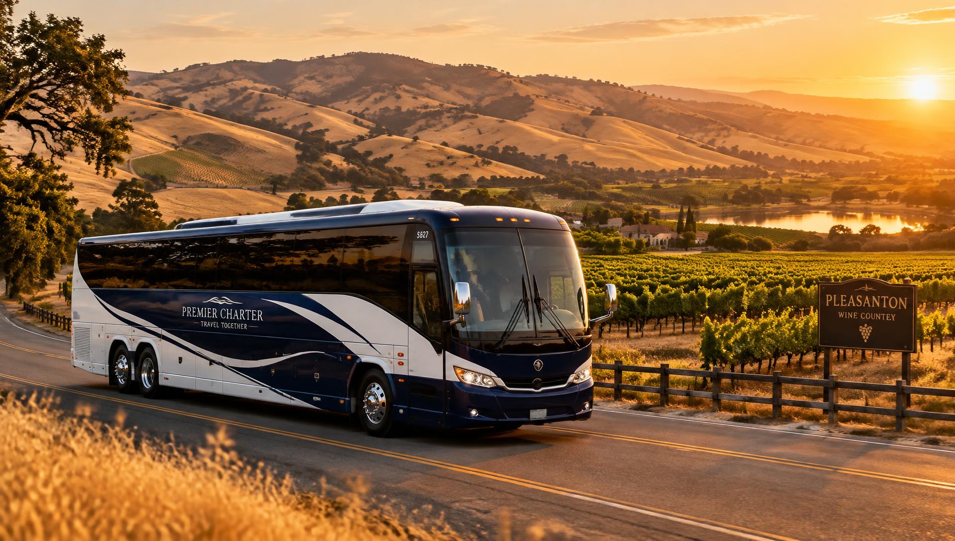 Pleasanton charter bus driving through California wine country at sunset