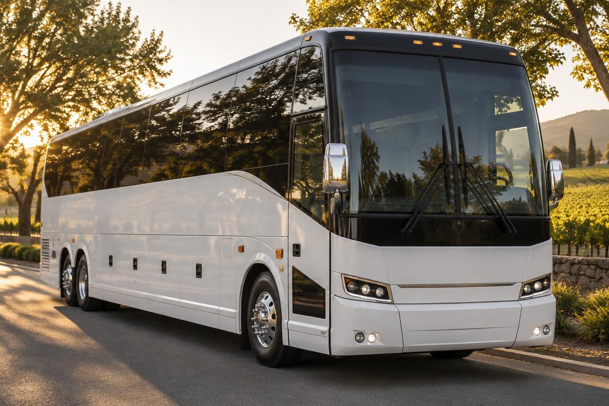 Van Hool CX45 coach bus with restroom, chartered from Pleasanton, California
